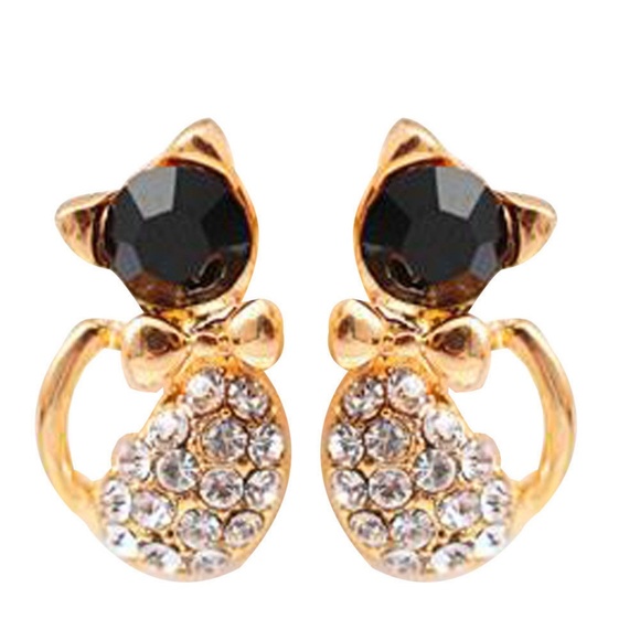 Crystal and Gold Tuxedo Cat Earrings - Picture 2 of 4